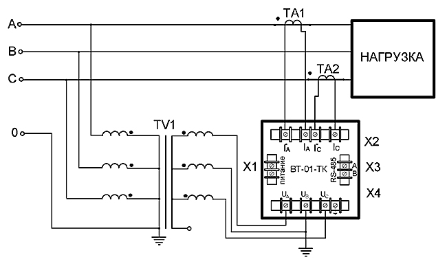 Схема подключения ваттметра ВТ-01-ТК