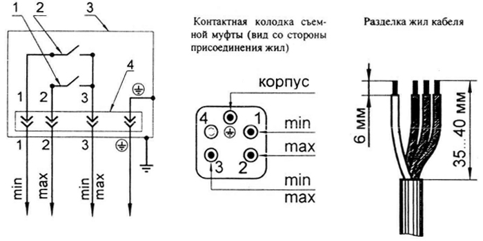 Cхема электрическая и присоединение жил кабеля маслоуказателей МС-1, МС-2
