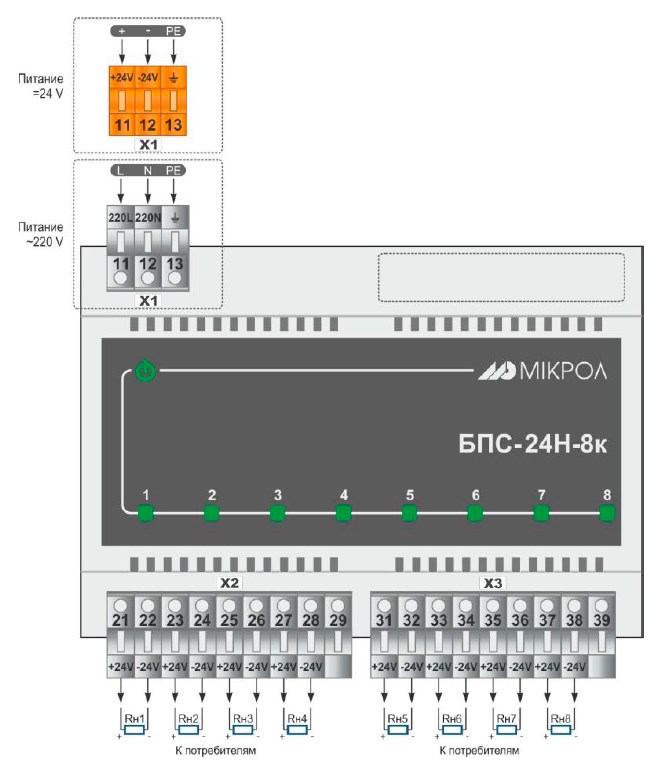 Рис.1. Схема внешних подключений блока питания для датчиков БПС-24Н-8к
